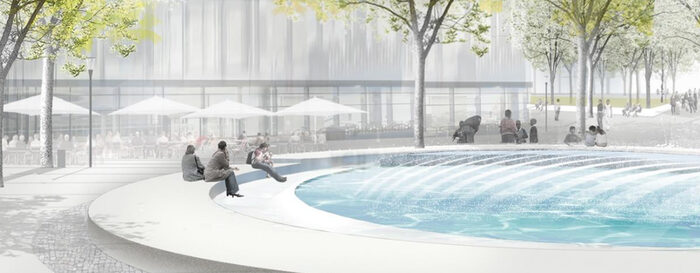 Visualisierung Neues Verwaltungszentrum, Menschen sitzen an einem Brunnen im Hintergrund sind Bäume und das Gebäude zu sehen
