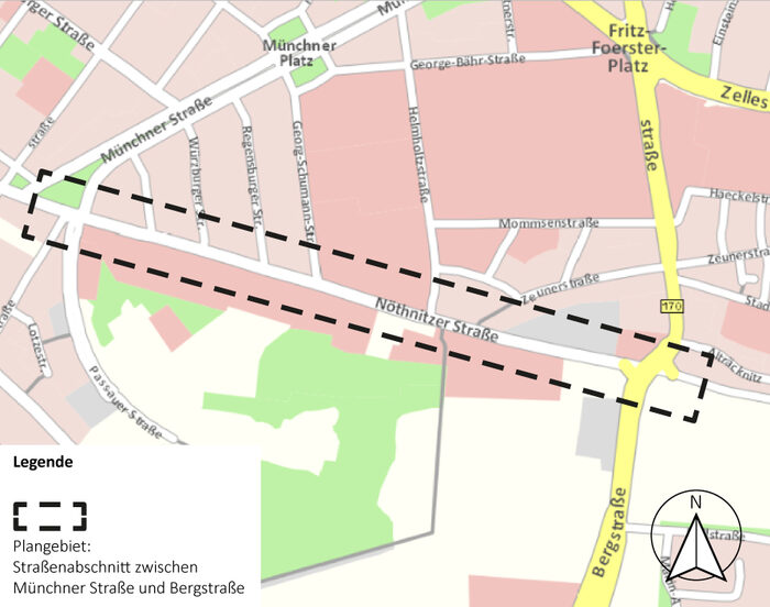 Das Bild zeigt eine Karte mit dem Abschnitt der Nöthnitzer Straße, welcher neu gestaltet werden soll.