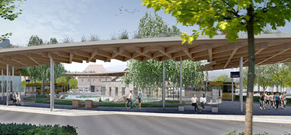 Visualisierte, mögliche Neugestaltung des Ullersdorfer Platzes mit Pavillon