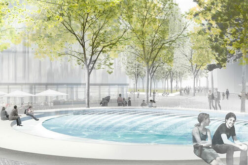 Das Bild zeigt eine Visualisierung des Brunnens auf dem Vorplatz des neuen Verwaltungszentrums.