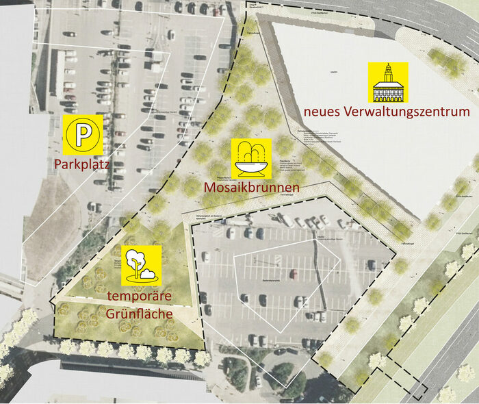 Das Bild zeigt einen Plan für die temporäre Gestaltung der Fläche um das neue Verwaltungszentrum