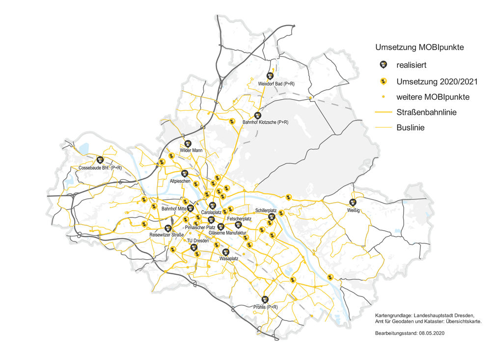 Kartendarstellung: Lage der Mobilitätspunkte im Stadtgebiet und Umsetzungsplanung 2020/2021