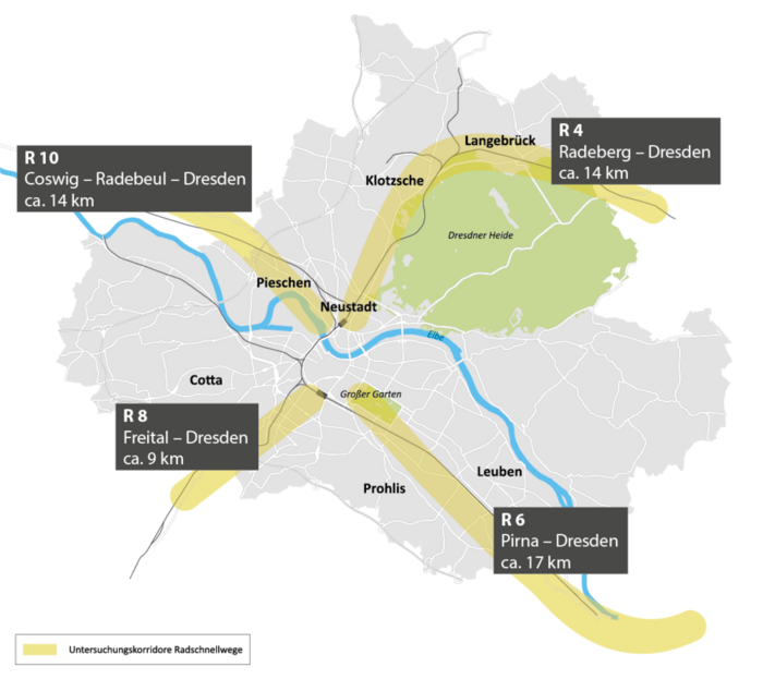 Die Abbildung zeigt eine Karte von Dresden und Umgebung, die vier Korridore und jeweilig ermittelte Vorzugsrouten, jeweils in Richtung Radebeul-Coswig (ca. 14 Kilometer), Freital (ca. 9 Kilometer), Radeberg (ca. 14 Kilometer) und Heidenau-Pirna (ca. 17 Kilometer)
