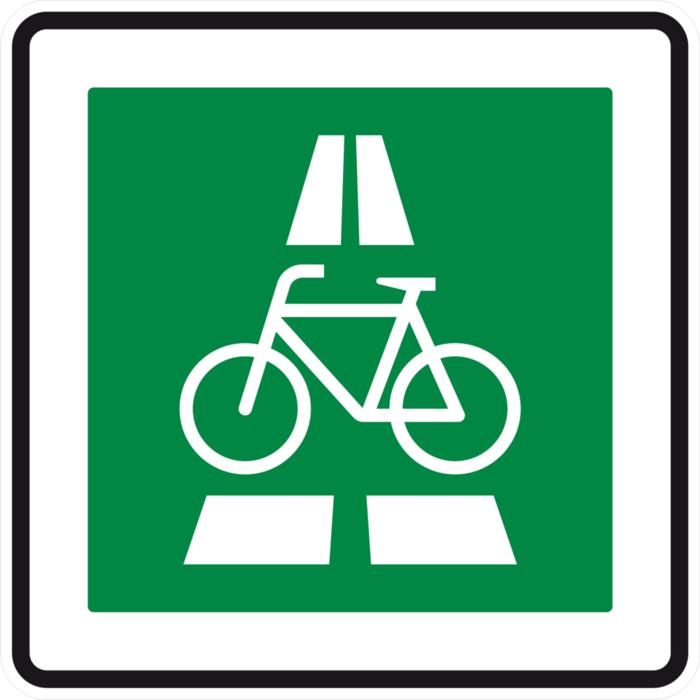 Zu sehen ist das grün-weiße, quadratische Verkehrszeichen für Radschnellwege. Es bildet eine Straße und ein Fahrrad ab.