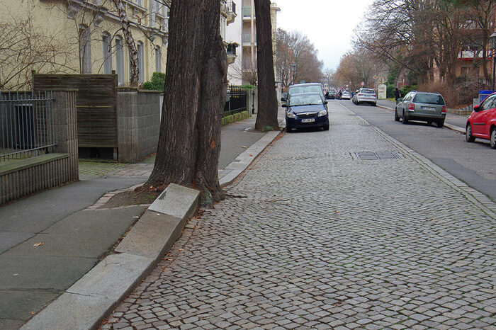 Zu sehen ist ein Abschnitt der Augsburger Straße im Bereich Spener-/Alemannenstraße mit unebenem Straßenbelag und baumwurzelgewölbten Fußwegen