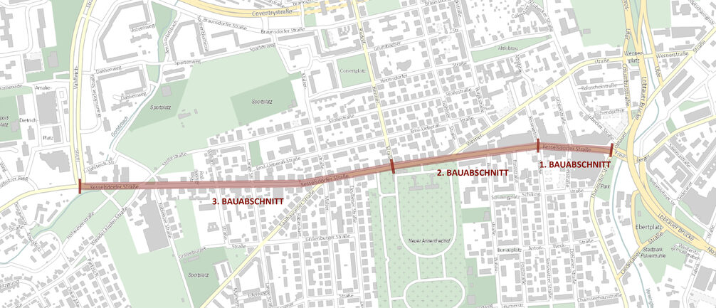 Zu sehen ist eine Karte der Kesselsdorfer Straße und Umgebung von der Tharandter bis zur Julius-Vahlteich-Straße inklusive der drei markierten Bauabschnitte.