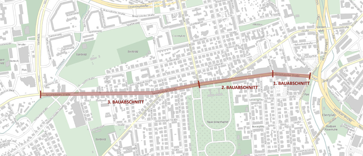 Zu sehen ist eine Karte der Kesselsdorfer Straße und Umgebung von der Tharandter bis zur Julius-Vahlteich-Straße inklusive der drei markierten Bauabschnitte.