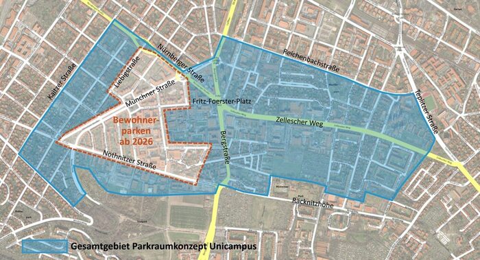Geplantes Bewohnerparkgebiet (rot umrandet), Gesamtgebiet für das Parkraumkonzept am Unicampus und Umfeld (blau)