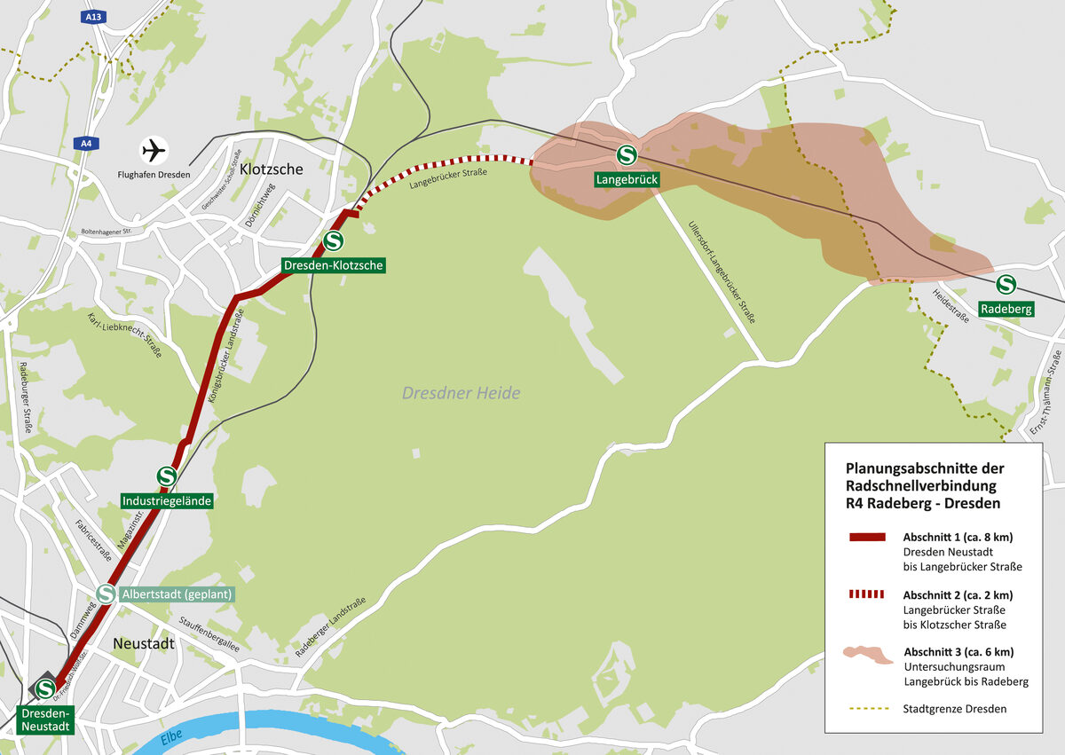 Zu sehen ist eine Übersicht über die Abschnitte 1 bis 3 des Radschnellweges R4