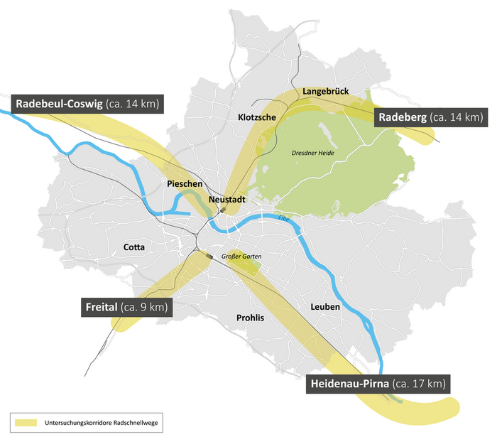 Die Abbildung zeigt eine Karte von Dresden und Umgebung, die vier Korridore und jeweilig ermittelte Vorzugsrouten, jeweils in Richtung Radebeul-Coswig (ca. 14 Kilometer), Freital (ca. 9 Kilometer), Radeberg (ca. 14 Kilometer) und Heidenau-Pirna (ca. 17 Kilometer)
