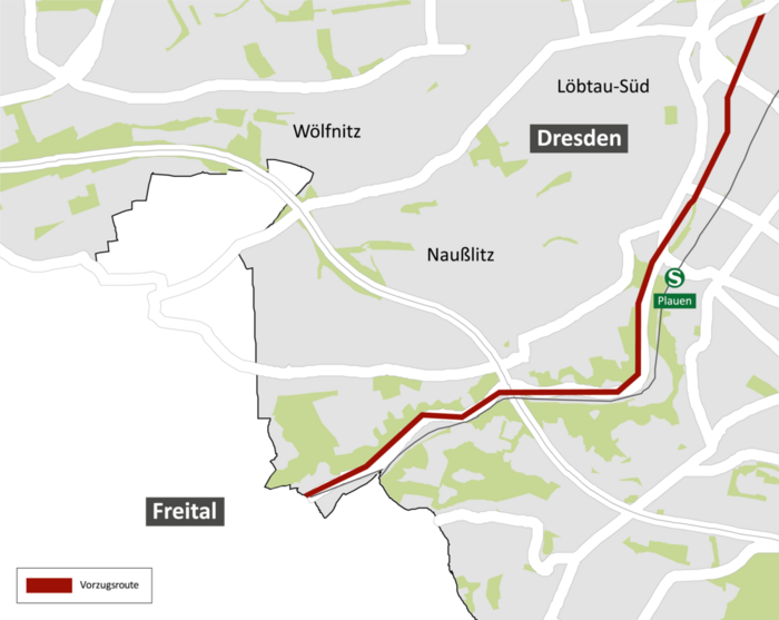 Zu sehen ist die ermittelte Vorzugsroute für den Radschnellweg Dresden - Freital