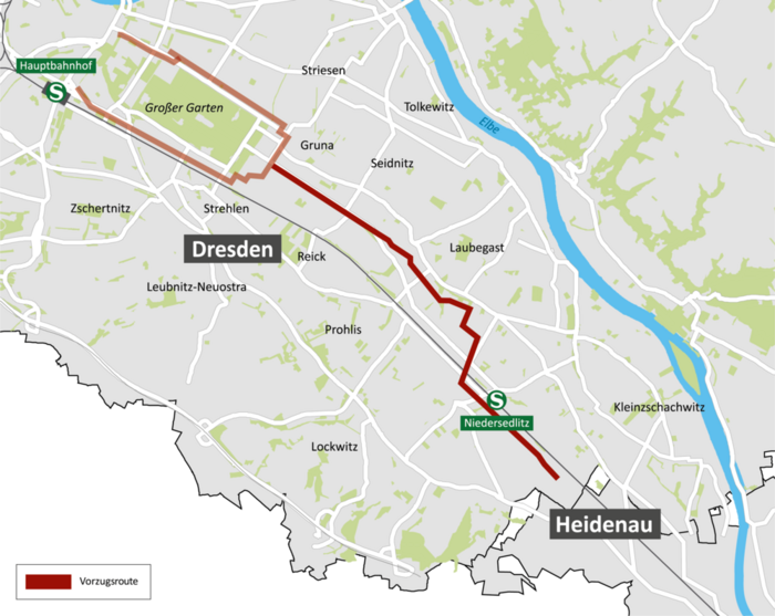 Zu sehen ist die ermittelte Vorzugsroute für den Radschnellweg Dresden - Heidenau - Pirna