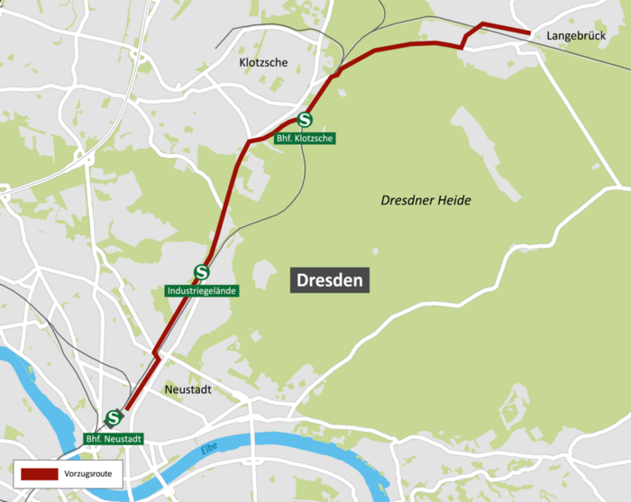 Zu sehen ist die ermittelte Vorzugsroute für den Radschnellweg Dresden - Radeberg