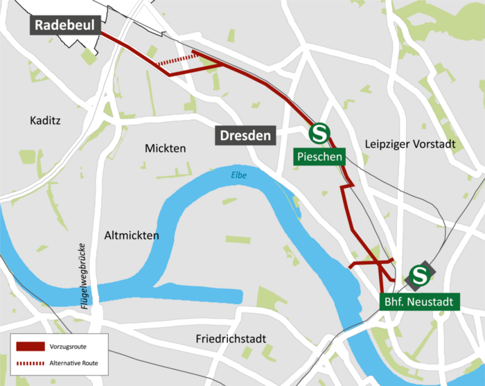 Zu sehen ist die ermittelte Vorzugsroute für den Radschnellweg Dresden - Radebeul – Coswig