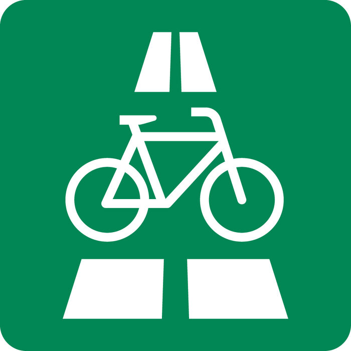 Zu sehen ist das grün-weiße, quadratische Verkehrszeichen für Radschnellwege. Es bildet eine Straße und ein Fahrrad ab.
