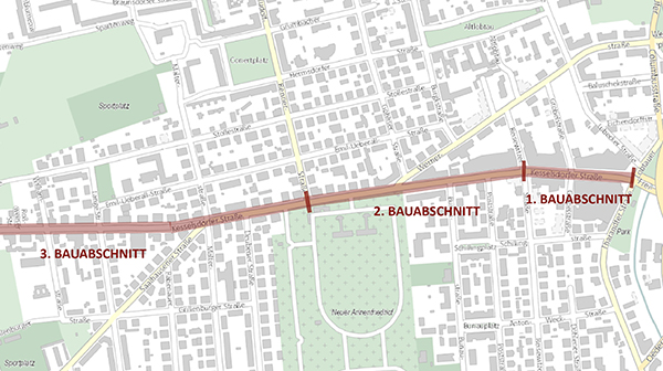 Karte mit den eingezeichneten Bauabschnitten auf der Kesselsdorfer Straße