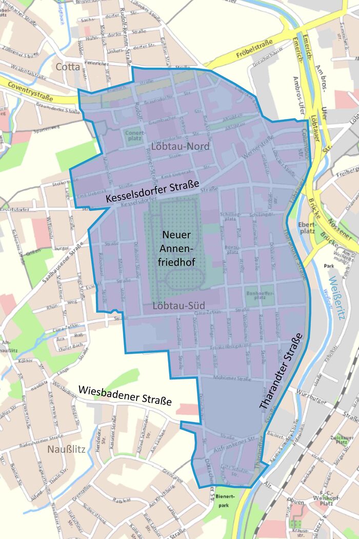 Auf dem Foto ist ein Ausschnitt vom Dresdner Stadtplan zu sehen. Das Gebiet, für welches das Verkehrskonzept erstellt werden soll ist blau eingezeichnet