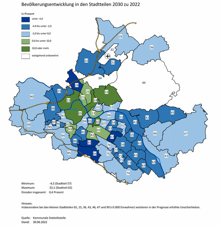 Die Abbildung zeigt die Karte von Dresden mit der entsprechenden Bevölkerungsentwicklung in den Stadtteilen, auf Grundlage der Bevölkerungsprognose von 2022.