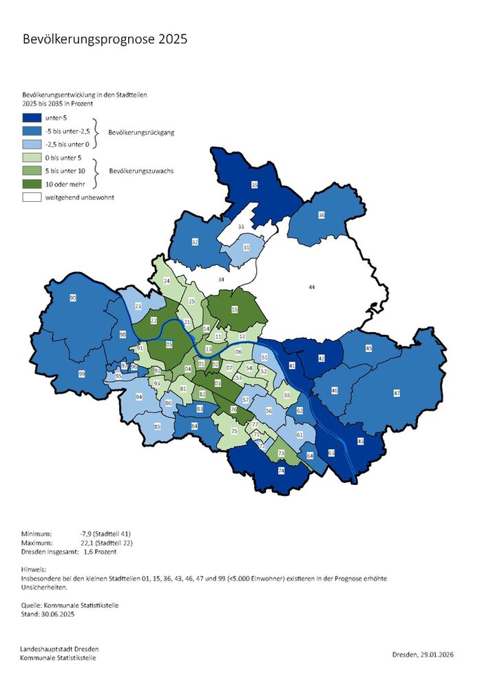 Die Abbildung zeigt die Karte von Dresden mit der entsprechenden Bevölkerungsentwicklung in den Stadtteilen, auf Grundlage der Bevölkerungsprognose von 2025.