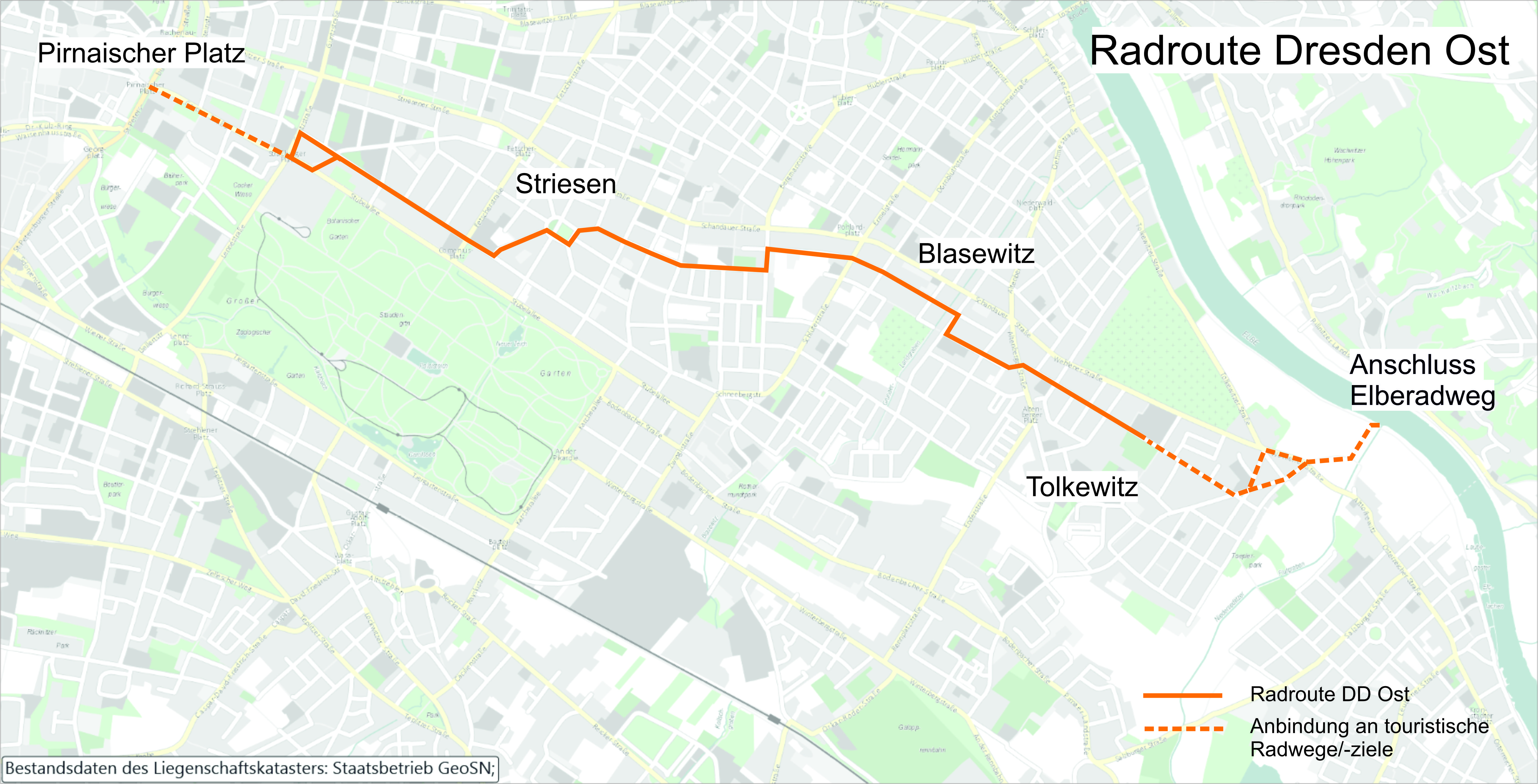 Die geplante Verkehrsführung der Radroute Ost. in Striesen macht sie eine Schwenker über die Glashütter in die Kipsdorfer Straße. Grafik: LHD auf der Basis von Daten des Staatsbetriebs GeoSN