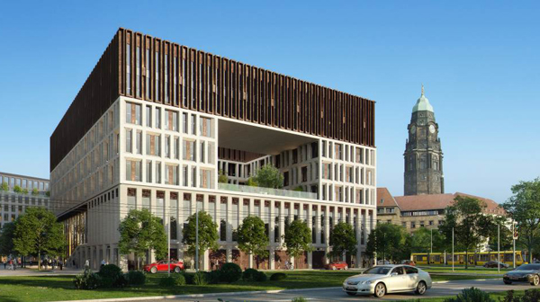 Das Bild zeigt eine Visualisierung des Neuen Verwaltungszentrums am Ferdinandplatz, im Hintergrund ist das Neue Rathaus mit seinem Rathausturm zu sehen