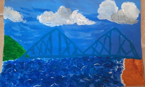 gemaltes Bild mit Brücke und Fluss