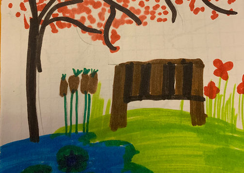 gemaltes Bild mit Ufer, Baum mit roten Blättern und einer Bank