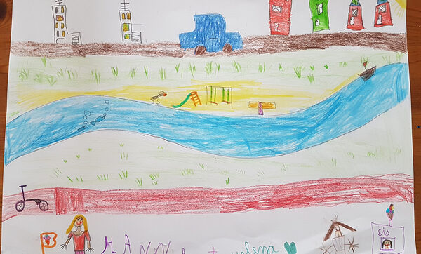 gemaltes Bild mit Häusern, Fluss, Wiese, Personen und Eisstand