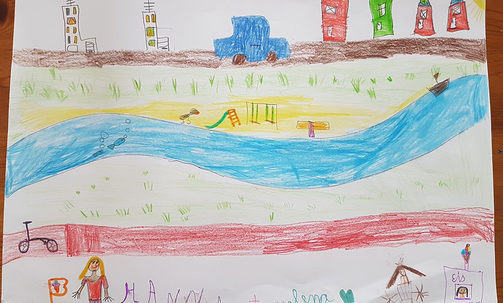 gemaltes Bild mit Häusern, Fluss, Wiese, Personen und Eisstand