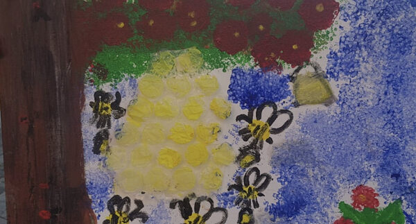 gemaltes Bild mit Bienen am Bienenstock, der an einem Ast hängt