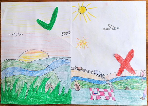 gemaltes Bild mit Wiese, Fluss, grünem Haken, Flugzeug, autos, rotes Kreuz