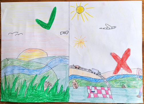 gemaltes Bild mit Wiese, Fluss, grünem Haken, Flugzeug, autos, rotes Kreuz