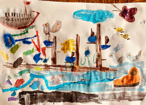gemaltes Bild mit Tieren, Fluss, Boot und Steg
