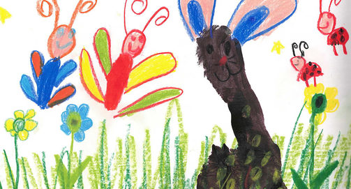 gemaltes Bild mit Hase im Gras, Blumen, Schmetterlingen und Marienkäfern