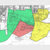 Stadtkarte mit einer grünen, roten und gelben Fläche