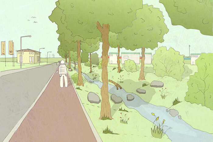 Gezeichneter Fuß- und Radweg mit einem Mann und einem Bach und Bäumen