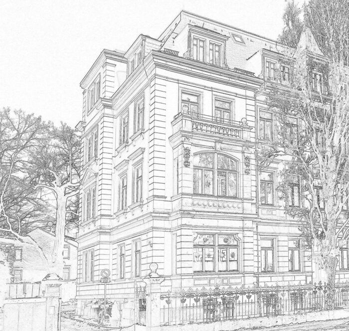 Skizze eines dreigeschossigen Mehrfamilienhauses mit reichlich verzierter Fassade
