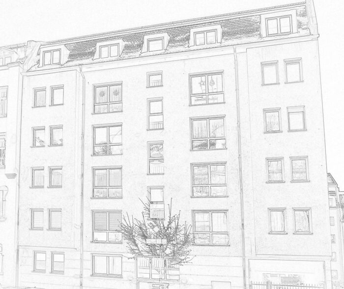 Skizze eines fünfgeschossigen Reihenhauses mit vielen Fenstern.
