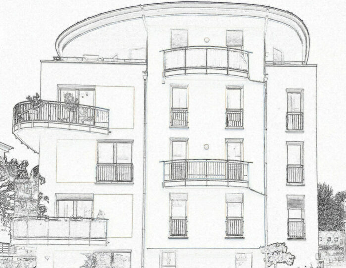 Fünfgeschossiges modernes Mehrfamilienhaus mit Flachdach und mehreren Balkonen.
