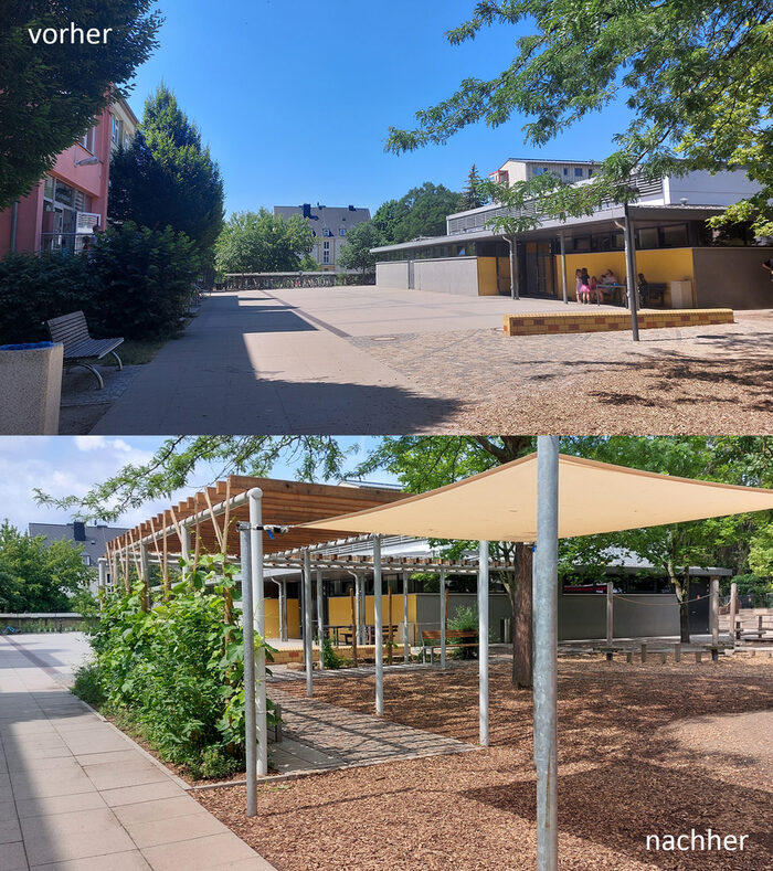 2 Fotos übereinander von einem Schulhof mit Schulgebäude und auf dem unteren Foto mit einer Pergola.