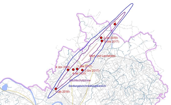 Stadtkarte vom Flughafen Dresden mit eingezeichneten Schallwellen und Messstellen