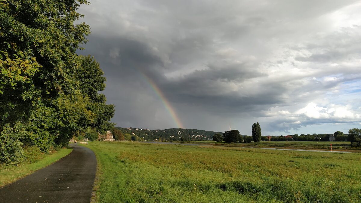 Die Elbwiesen an der Saloppe. Links verläuft der Radweg, der von Bäumen gesäumt ist. Im Hintergrund ist der Loschwitzer Elbhang mit dem Fernsehturm. Darüber ist ein Regenbogen vor dunklen Regenwolken.