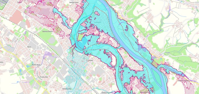 Karte: Die festgesetzten Überschwemmungsgebiete und überschwemmungsgefährdeten Gebiete sind im Themenstadtplan abrufbar.