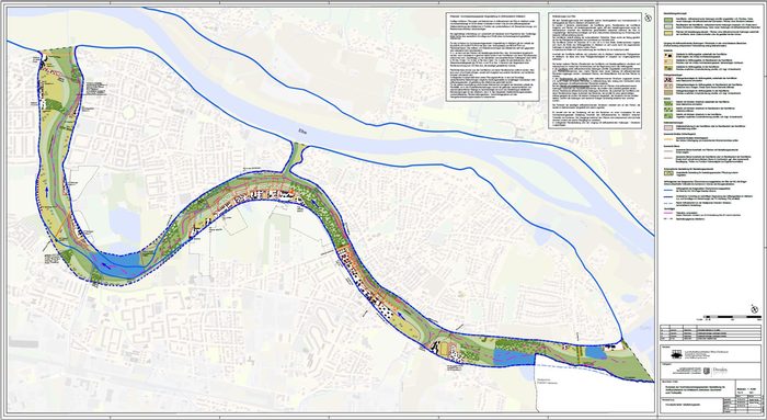 Karte: Im Gestaltungskonzept wird dargestellt, welche Maßnahmen im Altelbarm zur Verbesserung der Abflussbedingungen bei Hochwasser der Elbe erforderlich sind.