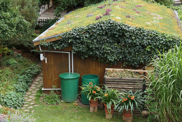 Ein Carport im Garten mit einem grün bepflanzten Dach.