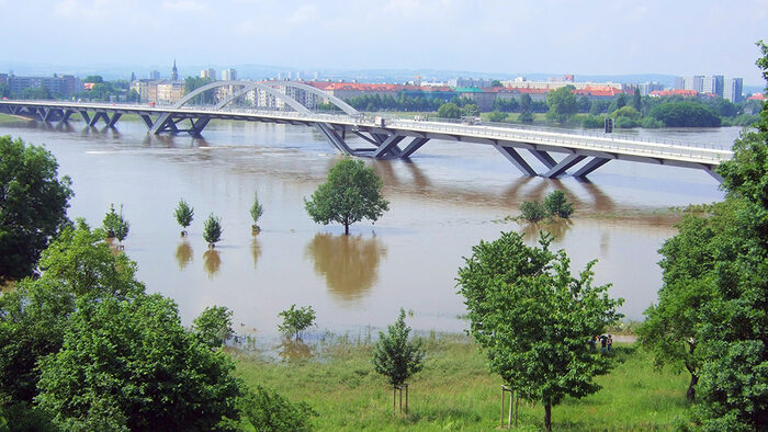 Das Wasser der Elbe überschwemmt Grünflächen und die Brückenfpeiler der Waldschlösschenbrücke.