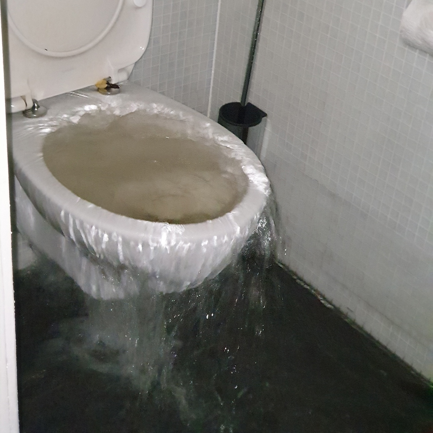 Wasser sprudelt oben aus einer Toilette heraus.