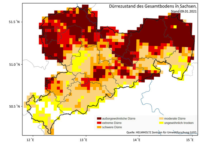 Karte Sachsen: Darstellung des Bodenfeuchtezustands - Dürrezustand des Gesamtbodens, Stand: 09.01.2021, Quelle: HELMHOLTZ Zentrum für Umweltforschung (UFZ)