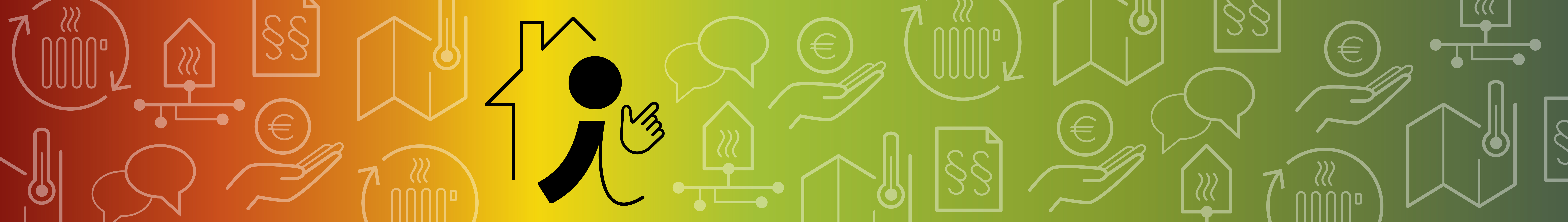 Energielotse in Form eines kleinen "i" mit ausgestrecktem Zeigefinger vor einem Gebäude stehend. Im Hintergrund ein Farbverlauf von dunkelrot, über orange, gelb hellgrün zu grün. Außerdem im Hintergrund Icons der Themen "Wärmeplan", Wrämenetz", "Gesetze", "Beratung" und "Förderung""