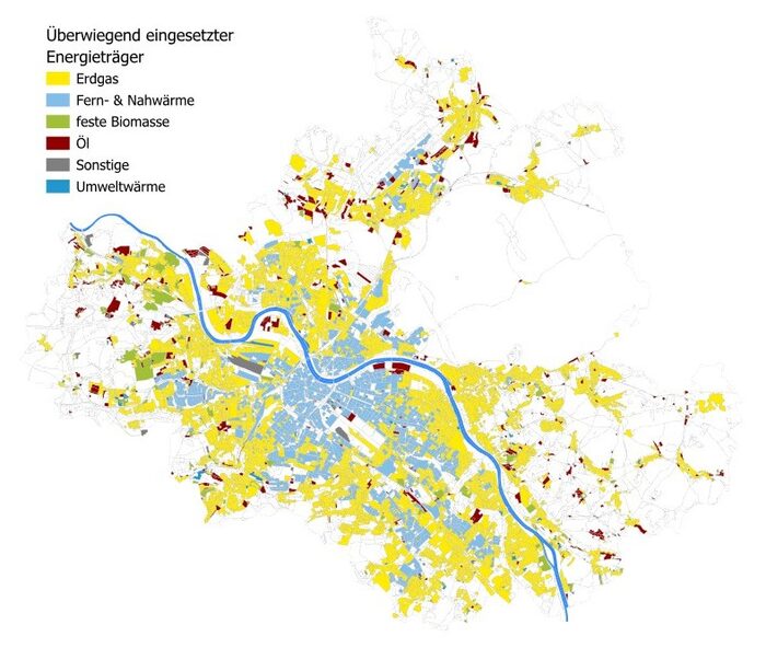 Kartendarstellung der überwiegend eingesetzten Energieträger zur Wärmeversorgung je Baublock im Bestand